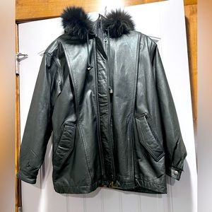 Vintage Black Leather Jacket with fox tail hood